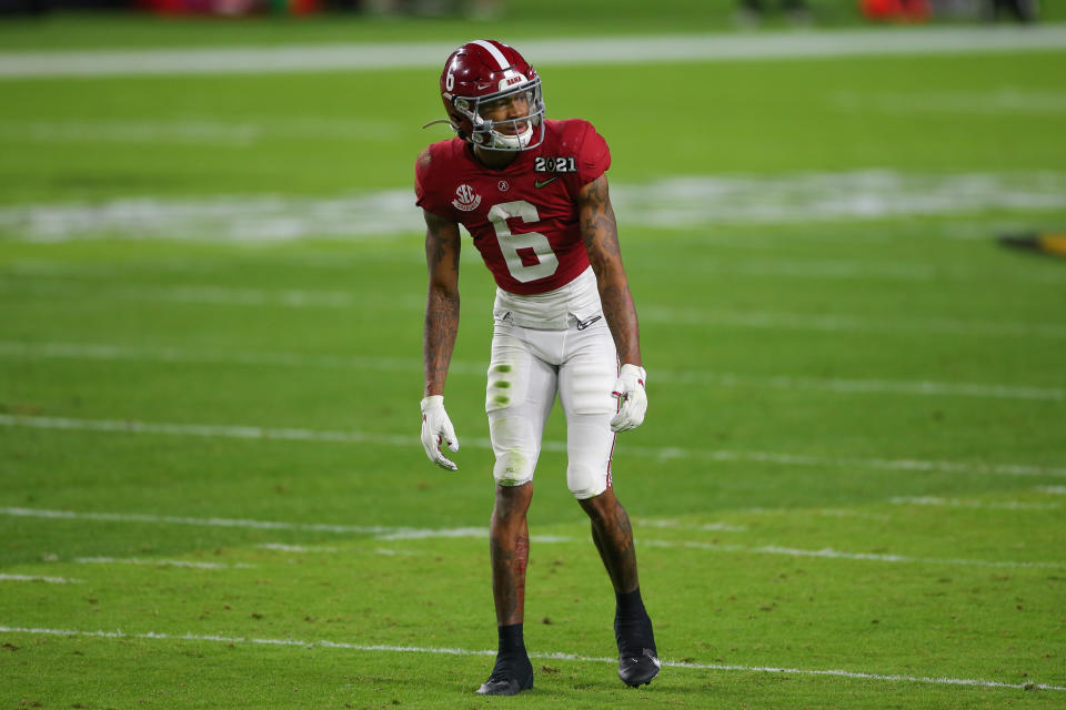 Alabama wide receiver DeVonta Smith declined to have his height measured or be weighed at the 2021 Senior Bowl. (Photo by David Rosenblum/Icon Sportswire via Getty Images)