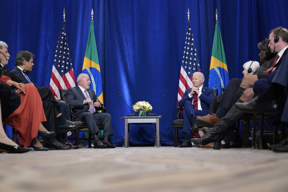 President Joe Biden meets with Brazil's President Luiz Inacio Lula da Silva in New York, Wednesday, Sept. 20, 2023. (AP Photo/Susan Walsh)