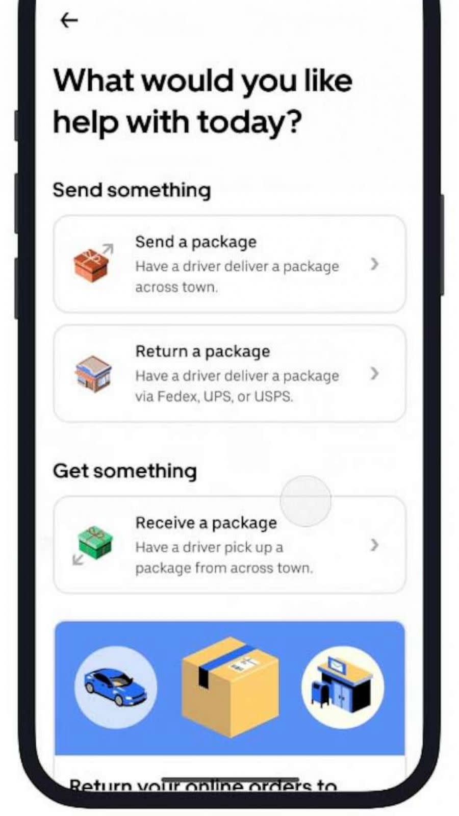 PHOTO: Uber app return a package feature (Uber)