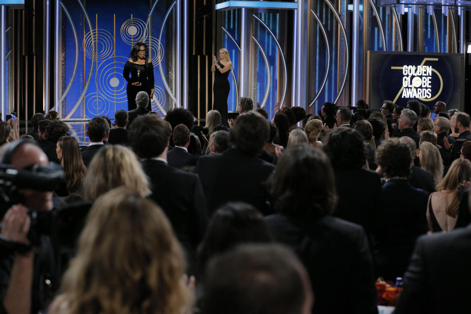 Oprah Winfrey accepts the 2018 Cecil B. DeMille Award during the 75th Annual Golden Globe Awards on Sunday. (Handout via Getty Images)