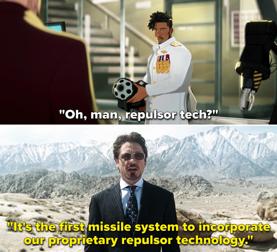 Tony saying, "It's the first missile system to incorporate our proprietary repulsor technology"