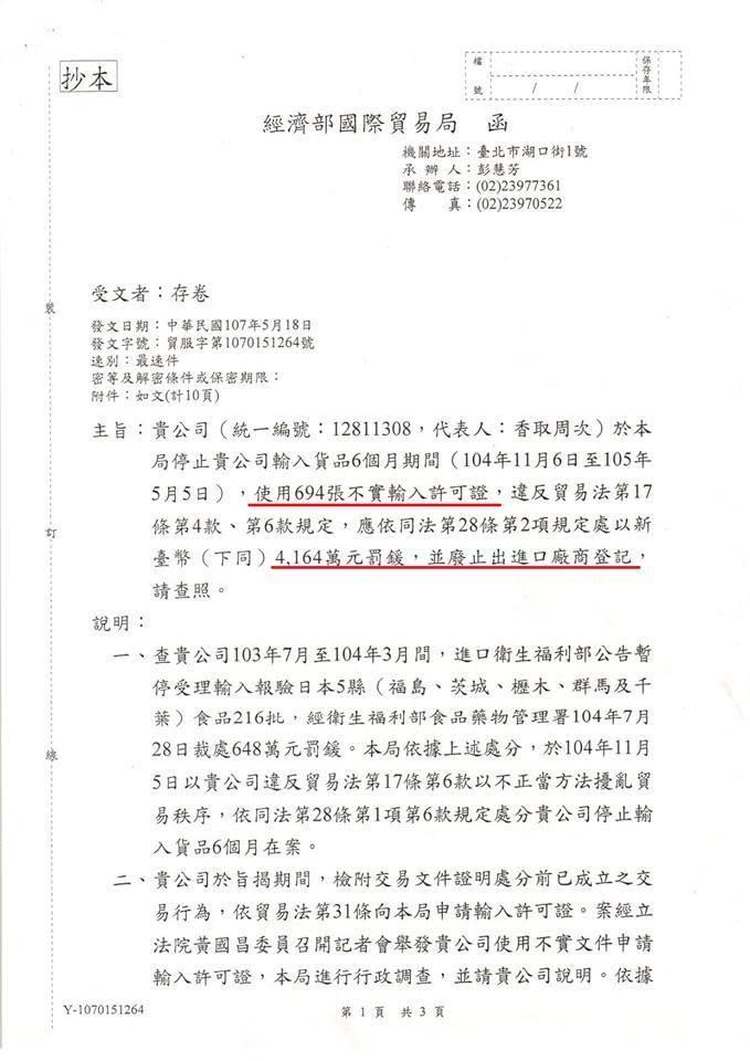 大創因使用694張不實輸入許可證，被經濟部國貿局裁罰4164萬元，並且廢止出進口廠商登記。（翻攝自立委黃國昌臉書）