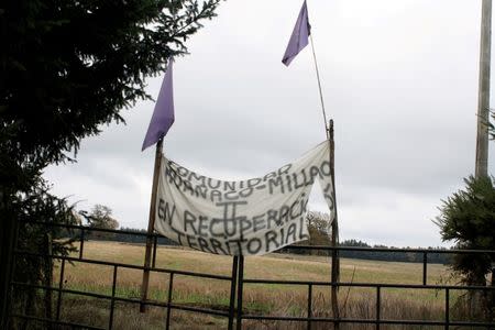 A homemade banner that reads "Community Huanaco-Millao, on territorial recovery", announces that a roadside plot of land has been taken over by Mapuche indigenous people near Ercilla, south of Chile, June 7, 2016. REUTERS/Gram Slattery