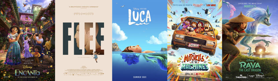 This combination of photos shows promotional art for the films nominated for the Oscar for best animated feature, from left, "Encanto," "Flee," "Luca," "The Mitchells vs. the Machines," and "Raya and the Last Dragon." (Disney, Neon, Disney, Netflix, Disney via AP)