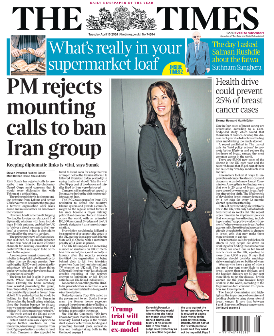 The headline in the Times reads: "PM rejects mounting calls to ban Iran group".