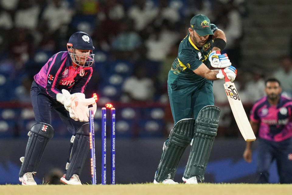 Australia's Glenn Maxwell is out bowled during the men's T20 World Cup cricket match between Australia and Scotland, at Darren Sammy National Cricket Stadium, Gros Islet, St. Lucia, Saturday, June 15, 2024. (AP Photo/Ramon Espinosa)