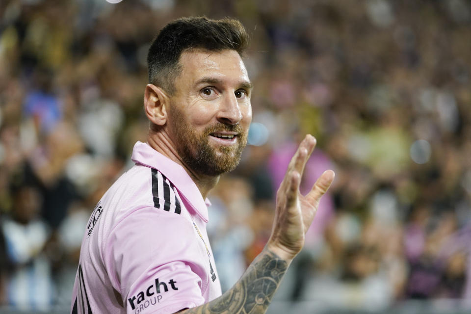 FILE - Inter Miami forward Lionel Messi waves to the crowd during the second half of an MLS soccer match against Los Angeles FC, Sunday, Sept. 3, 2023, in Los Angeles. (AP Photo/Ryan Sun, File)
