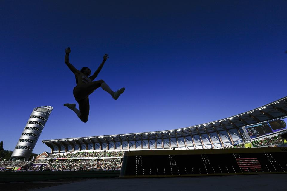 Malaika Mihambo, of Germany, competes in the women's long jump final at the World Athletics Championships on Sunday, July 24, 2022, in Eugene, Ore. (AP Photo/David J. Phillip)
