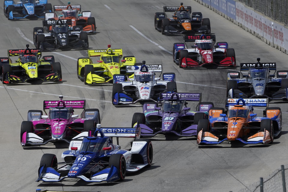 Cars compete during the second race of the IndyCar Detroit Grand Prix auto racing doubleheader on Belle Isle in Detroit, Sunday, June 13, 2021. (AP Photo/Paul Sancya)