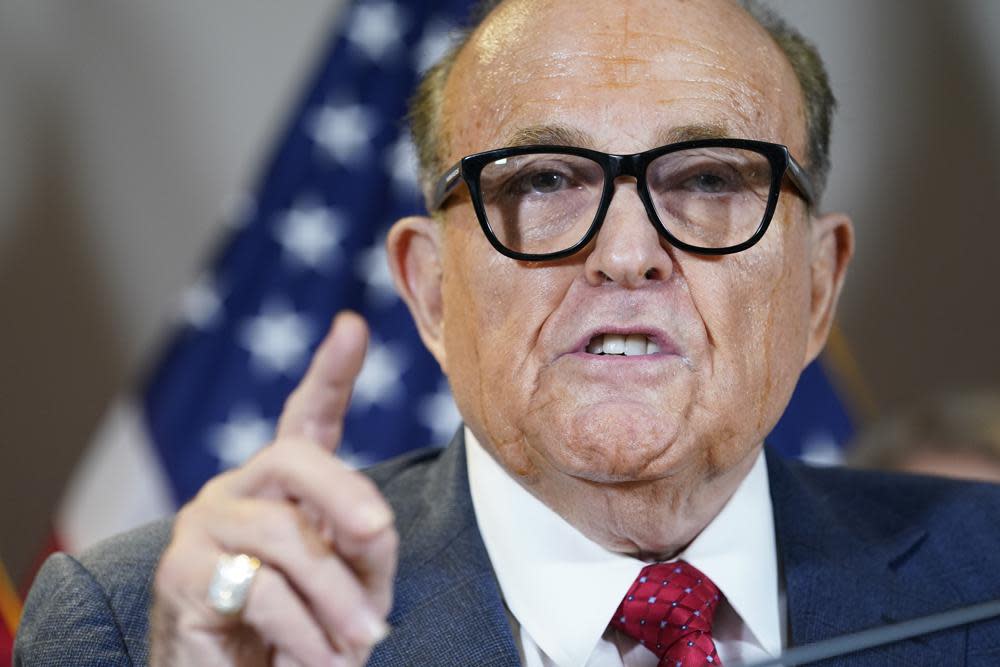 Former Mayor of New York Rudy Giuliani, a lawyer for President Donald Trump, speaks during a news conference at the Republican National Committee headquarters, Thursday Nov. 19, 2020, in Washington. (AP Photo/Jacquelyn Martin, File)