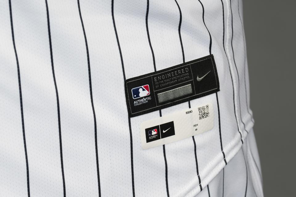 The details of a Chicago White Sox jersey during spring training media day.
