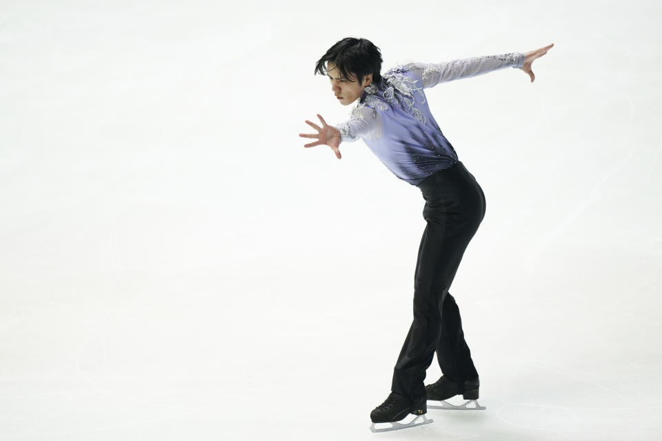 Shoma Uno of Japan performs in the men's short program during the ISU Grand Prix of Figure Skating - NHK Trophy in Kadoma, near Osaka, Japan, Friday, Nov. 24, 2023. (AP Photo/Tomohiro Ohsumi)