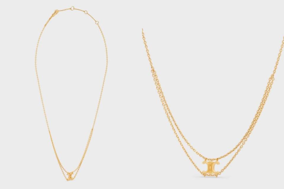 CELINE這款金色黃銅TRIOMPHE SUSPENDED頸鍊設計簡約，NT$17,000圖片來源：CELINE官網