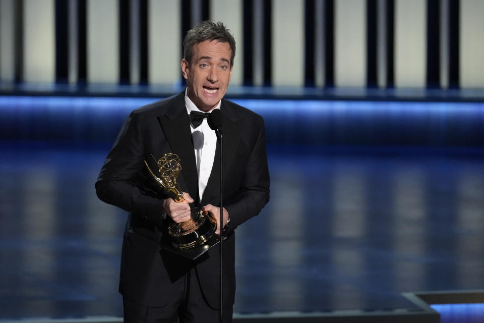 Matthew Macfadyen accepts the award for outstanding supporting actor in a drama series for "Succession" during the 75th Primetime Emmy Awards on Monday, Jan. 15, 2024, at the Peacock Theater in Los Angeles. (AP Photo/Chris Pizzello)
