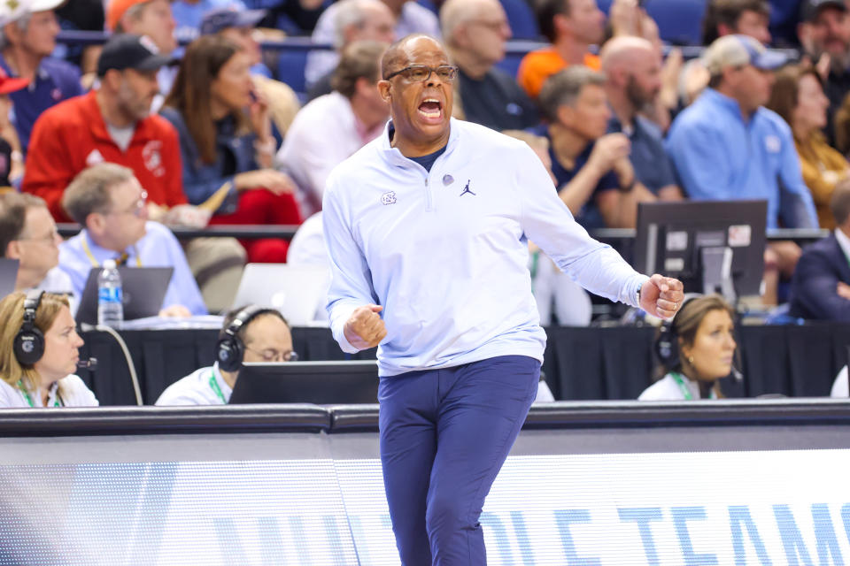 GREENSBORO, NC - MARCH 09: head coach Hubert Davis of the North Carolina Tar Heels reacts to a missed shot during the ACC Tournament against the Virginia Cavaliers on March 9, 2023 at Greensboro Coliseum in Greensboro, NC. (Photo by David Jensen/Icon Sportswire via Getty Images)