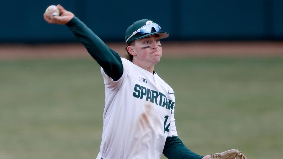 Michigan State's Mitch Jebb throws during the team's game against Illinois on March 25 in East Lansing Mich. Jebb earned a spot on the All-Big Ten third team Tuesday. Four other Spartans also netted all-conference recognition.