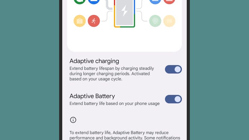 A single toggle switch controls adaptive charging on Android.