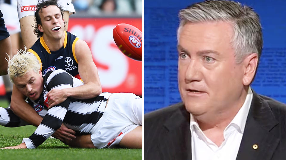 Jack Ginnivan is tackled high on the left, with Eddie McGuire pictured on Footy Classified on the right.