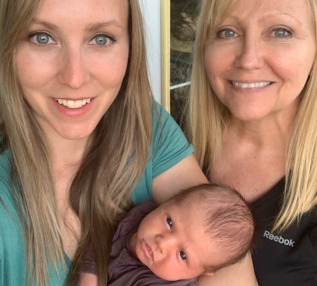 Rachel Homan, left, poses with her daughter Bowyn beside mother Catherine.