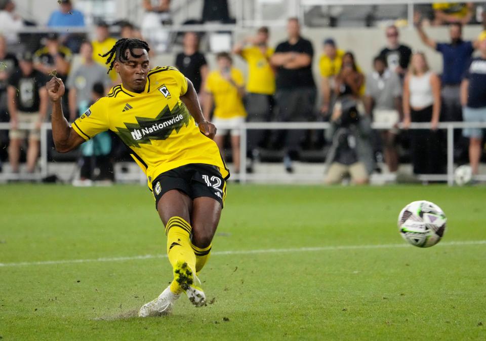 August 17, 2024; Columbus, Ohio, USA; 
Columbus Crew defender DeJuan Jones (12) lands the winning penalty kick against New York City FC during a Leagues Cup quarterfinal match at Lower.com Field.