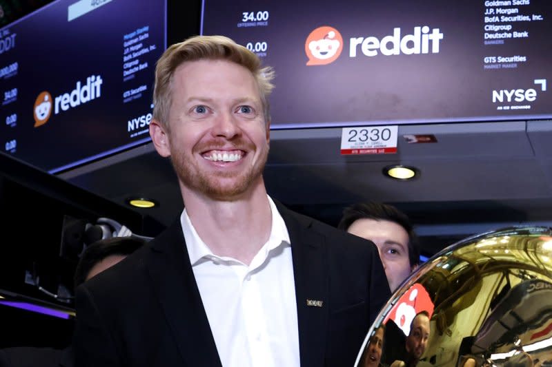 Reddit CEO Steve Huffman stands on the floor of the New York Stock Exchange in New York City on Thursday as the company began trading on the exchange with the ticker symbol "RDDT." Photo by John Angelillo/UPI
