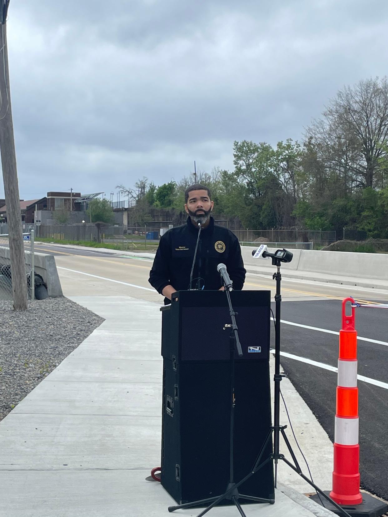 Jackson Mayor Chokwe Antar Lumumba hosts a press conference to celebrate the opening of the Mill Street Bridge just outside of downtown Jackson on Monday, March 25.