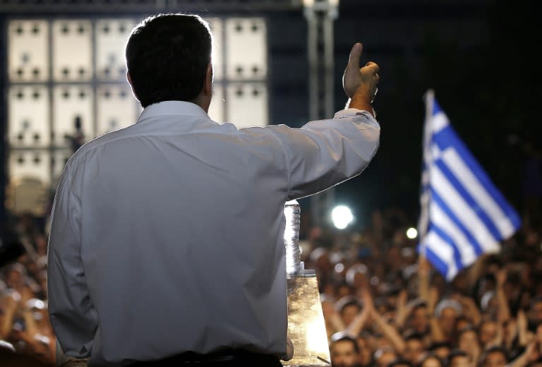 Greek Prime Minister Alexis Tsipras addresess an anti-austerity rally at the Syntagma square in Athens on July 3, 2015