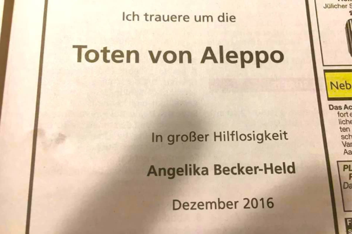 Am 6. Dezember veröffentlichte die „Aachener Zeitung“ eine Traueranzeige für die Toten von Aleppo. (Bild:facebook.com/politische.schoenheit) 