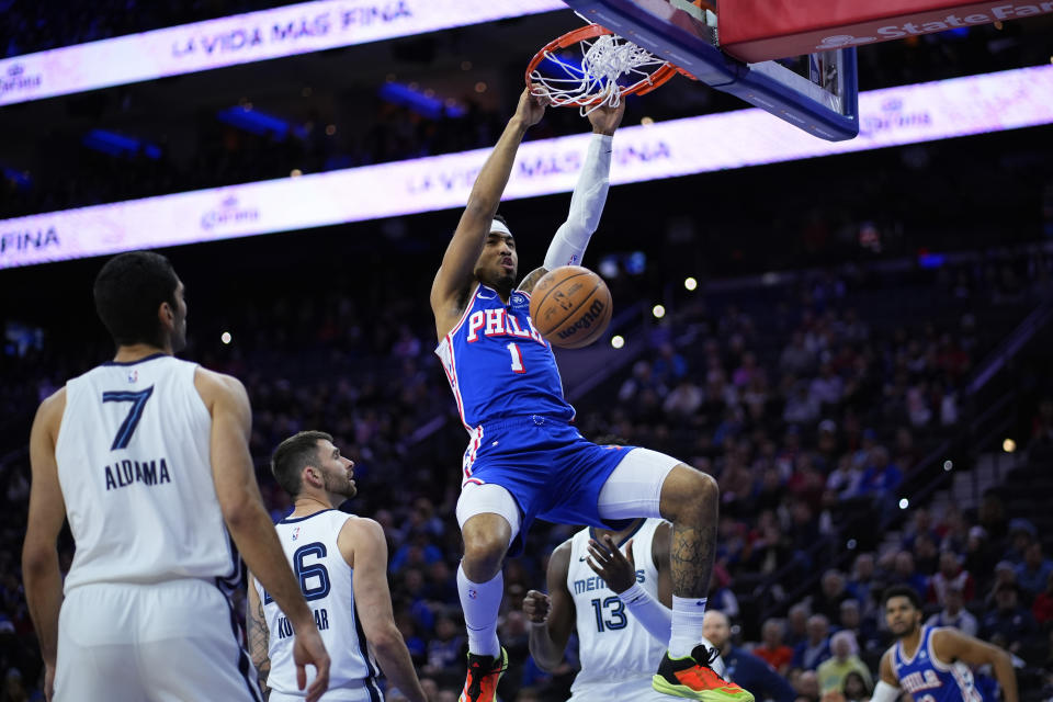 Philadelphia 76ers' KJ Martin dunks during the first half of an NBA basketball game against the Memphis Grizzlies, Wednesday, March 6, 2024, in Philadelphia. (AP Photo/Matt Slocum)