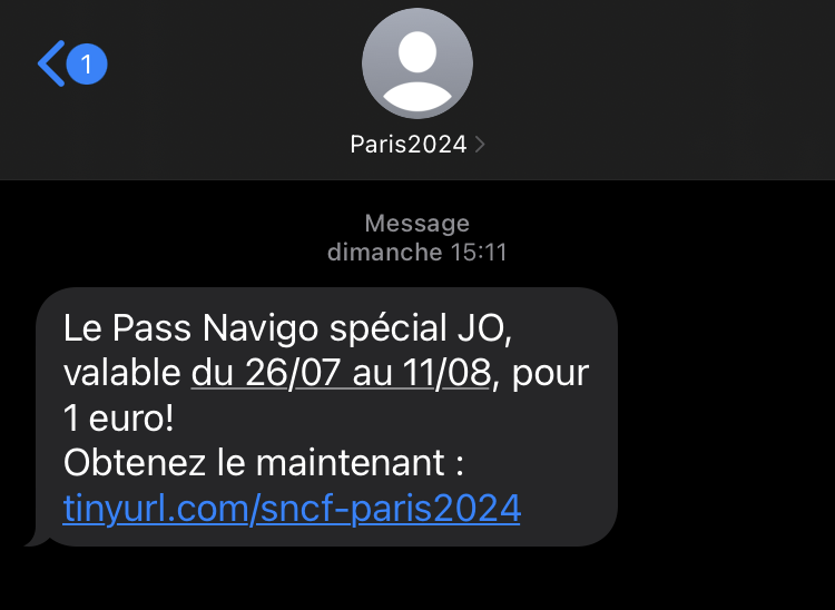 Capture d'écran d'un SMS d'arnaque liée aux transports pendant les Jeux olympiques de Paris 2024.