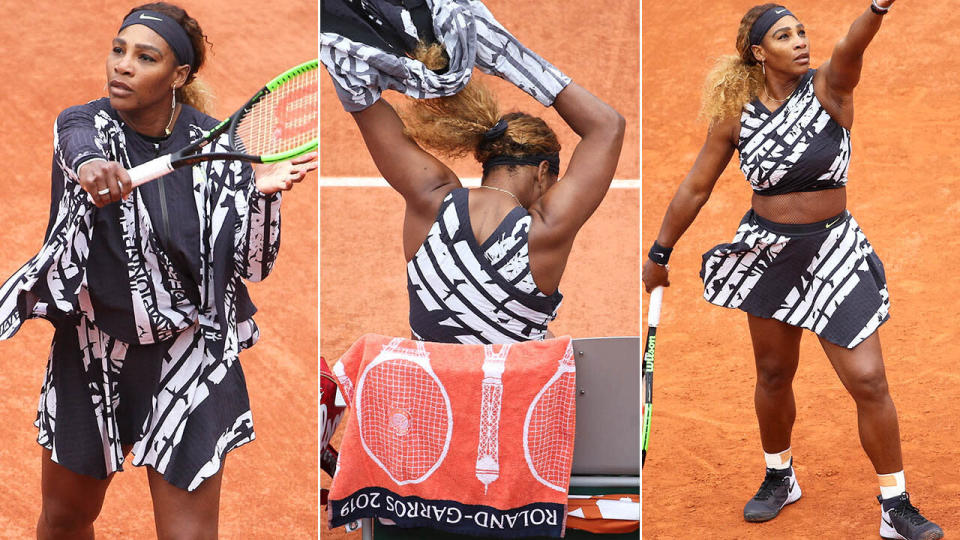 Serena's new outfit came with warm-up cape. Image: Getty