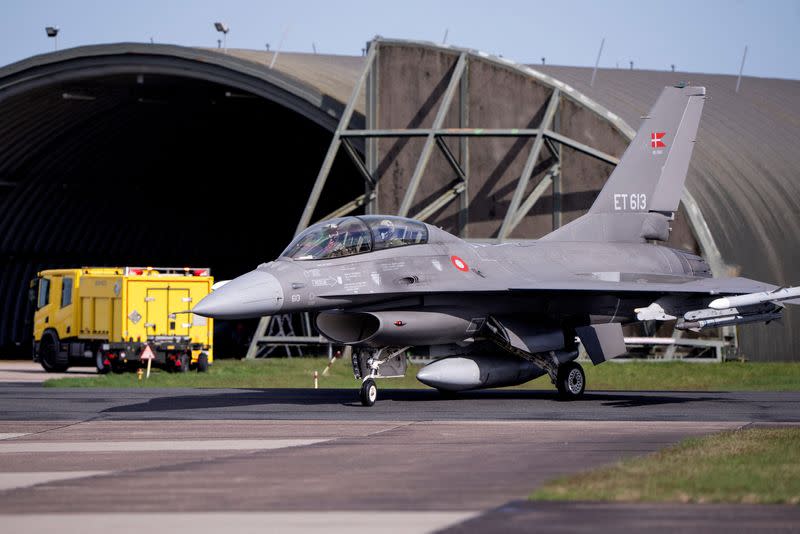 Argentina's Minister of Defence Luis Alfonso Petri arrives in a Danish F-16 aircraft at Skrydstrup Airport where he meets with Denmark's Minister of Defence Troels Lund Poulsen, in Jutland