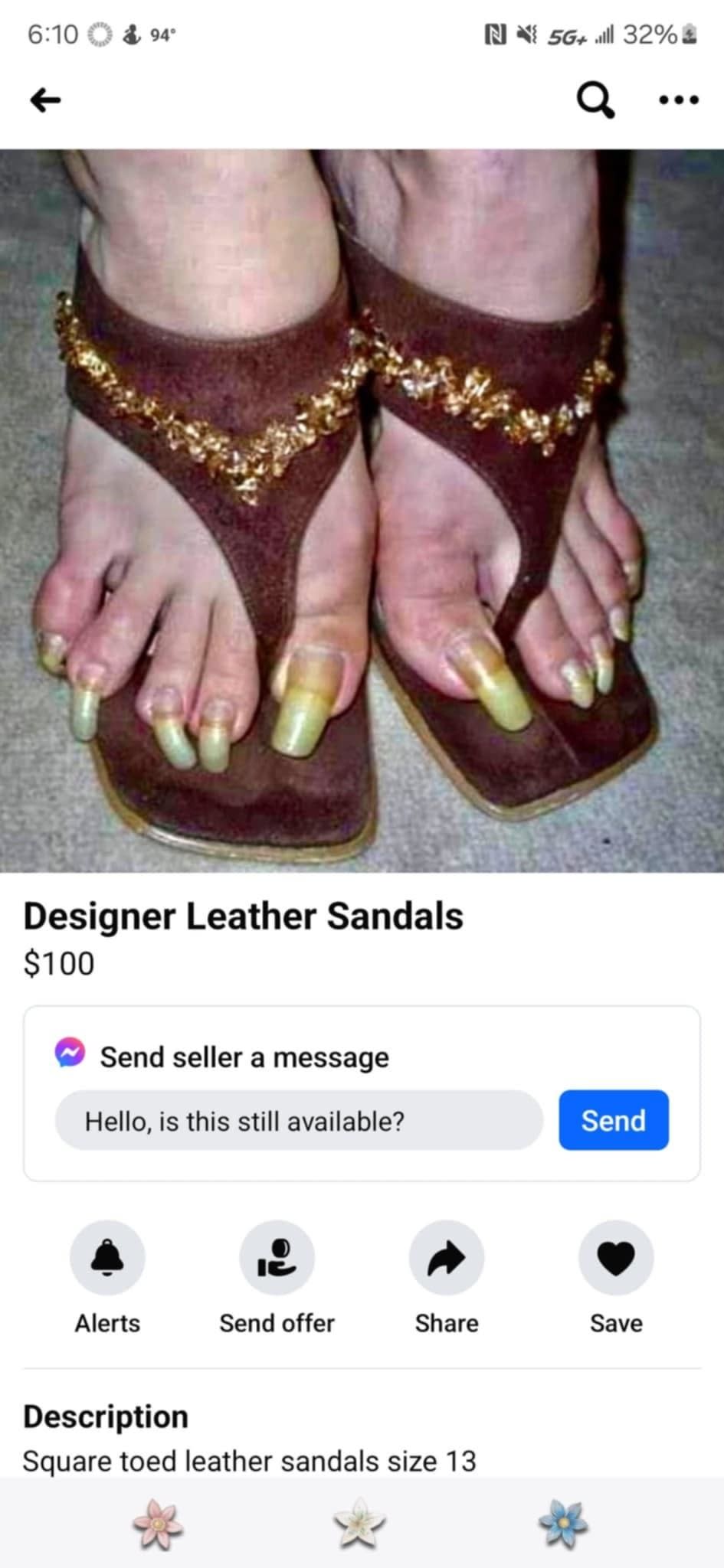 Close-up of someone's feet wearing sandals with decorative straps. Text reads, "Designer Leather Sandals, $100. Square toed leather sandals size 13."