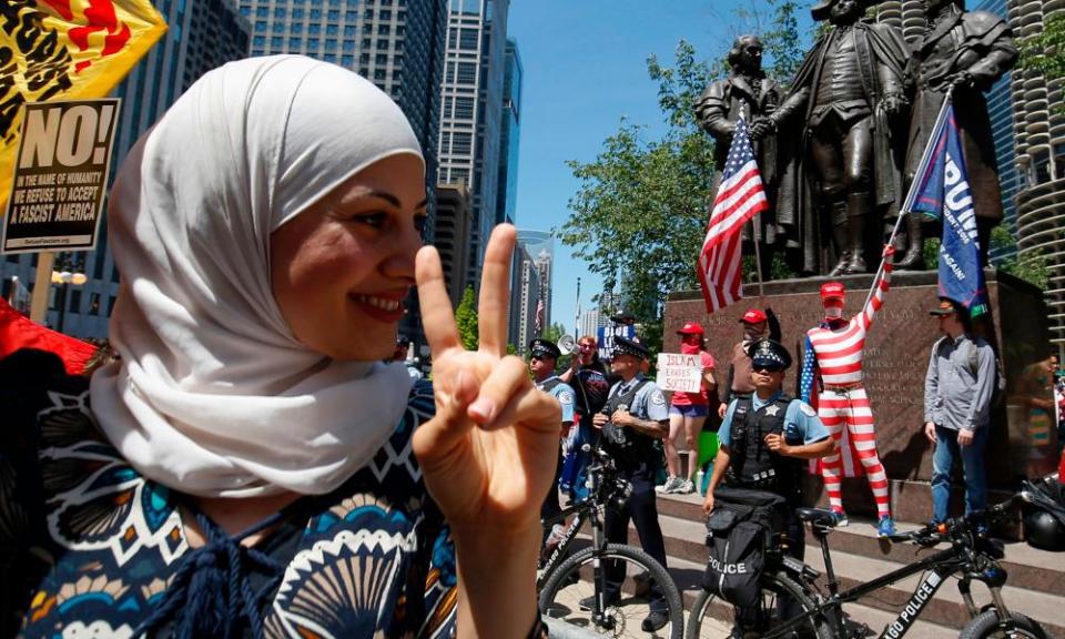 An activist takes part in a rally against demonstrators at a “March against sharia” protest in Chicago.