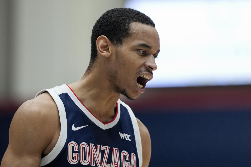 Gonzaga guard Nolan Hickman reacts during the first half of an NCAA college basketball game Saint Mary's, Saturday, March 2, 2024, in Moraga, Calif. (AP Photo/Godofredo A. Vásquez)