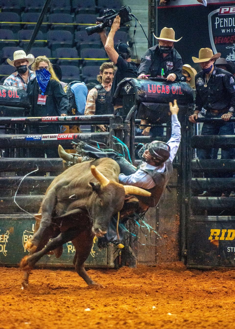 Conner Halverson competes during the Professional Bull Riders Pendleton Whisky Velocity Tour Sunday, March 21, 2021 at the Pensacola Bay Center.