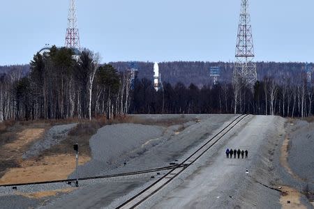 A Russian Soyuz 2.1a rocket carrying Lomonosov, Aist-2D and SamSat-218 satellites stands on the launch pad at the new Vostochny cosmodrome outside the city of Uglegorsk, about 200 km from the city of Blagoveshchensk in the far eastern Amur region on April 27, 2016. REUTERS/ Kirill Kudryavstev