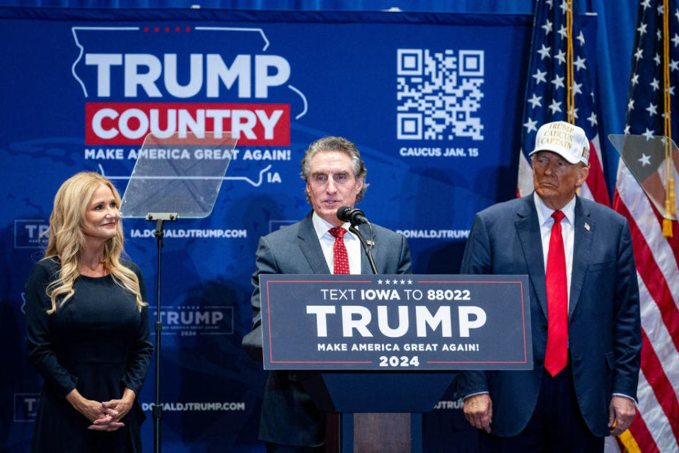 File: North Dakota Gov. Doug Burgum, former President Donald Trump, Kathryn Burgum, North Dakota's first lady, left, during campaign event at Simpson College in Indianola, Iowa, on Jan. 14, 2024. / Credit: Al Drago/Bloomberg via Getty Images