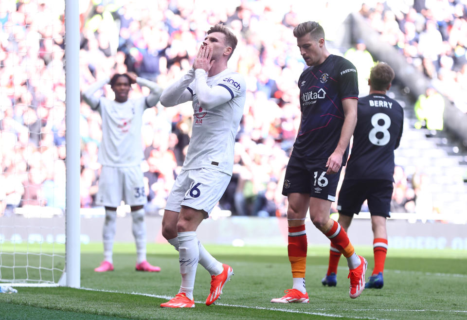 Tottenham's Timo Werner holds his head in disbelief after missing a chance during their English Premier League match against Luton Town.