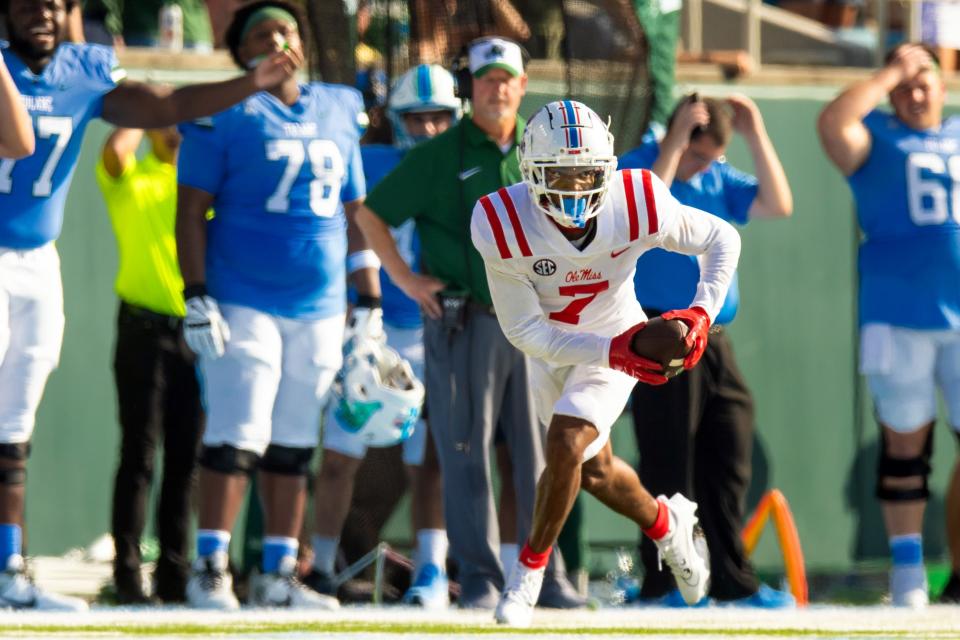 Sep 9, 2023; New Orleans, Louisiana, USA; Mississippi Rebels cornerback Deantre Prince (7) intercepts a pass against the Tulane Green Wave during the second half at Yulman Stadium. Mandatory Credit: Stephen Lew-USA TODAY Sports