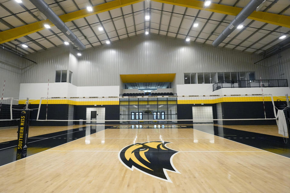 FILE - A volleyball net stands on a court in the Wellness Center at the University of Southern Mississippi on Sept. 16, 2022, in Hattiesburg, Miss. Former Mississippi Gov. Phil Bryant said Wednesday, May 3, 2023, that he will release all of his text messages related to a welfare fraud investigation — including money spent on building the university volleyball arena, a project backed by retired NFL quarterback Brett Favre and others with connections to Bryant. (AP Photo/Rogelio V. Solis)