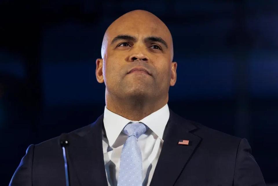 U.S. Rep. Colin Allred, D-Dallas, speaks at a U.S. Senate debate in Austin on Jan. 28, 2024. The Texas AFL-CIO COPE Convention hosted the debate ahead of the March 5 primary elections.
