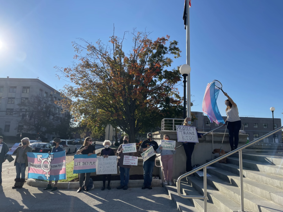 Advocates for transgender rights demonstrate outside of New Hampshire's legislative office building ahead of a 2021 hearing on a bill that would have allowed discrimination against transgender athletes in public schools. That bill did not pass.