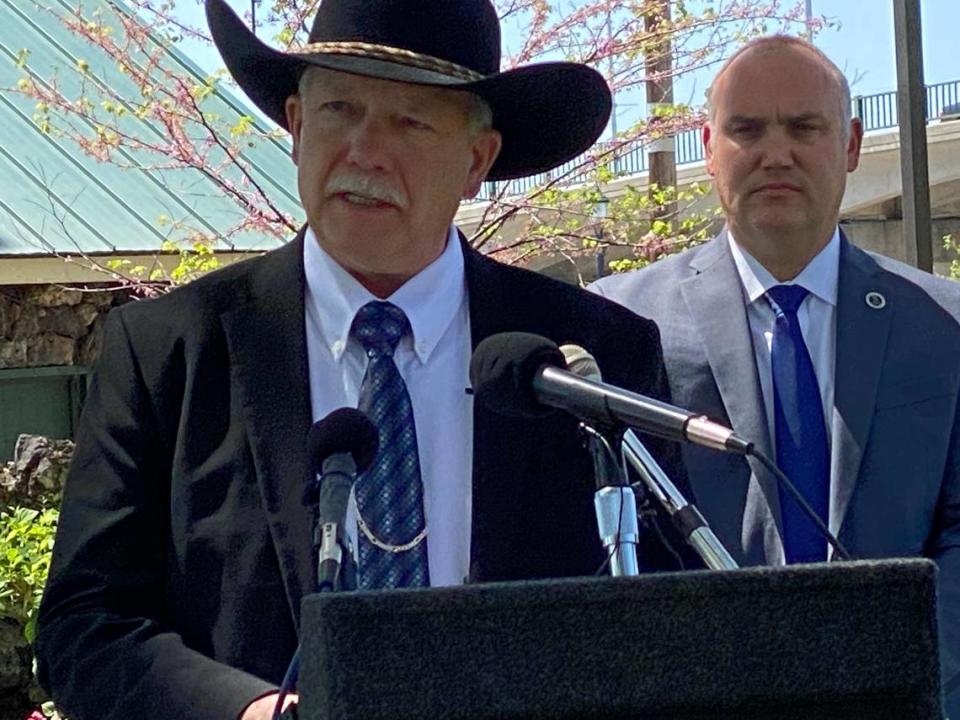 Canyon County Sheriff Kieran Donahue during a 2020 news conference announces David Dalrymple as a suspect in the 1982 killing of Daralyn Johnson.