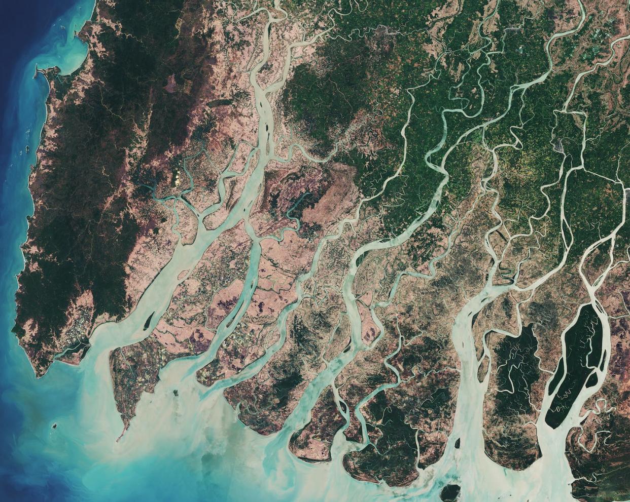 Satellite image of the Irrawaddy River delta in Myanmar, a major rice growing area. <a href="https://flic.kr/p/VUwQed" rel="nofollow noopener" target="_blank" data-ylk="slk:European Space Agency;elm:context_link;itc:0;sec:content-canvas" class="link ">European Space Agency</a>, <a href="http://creativecommons.org/licenses/by-sa/4.0/" rel="nofollow noopener" target="_blank" data-ylk="slk:CC BY-SA;elm:context_link;itc:0;sec:content-canvas" class="link ">CC BY-SA</a>