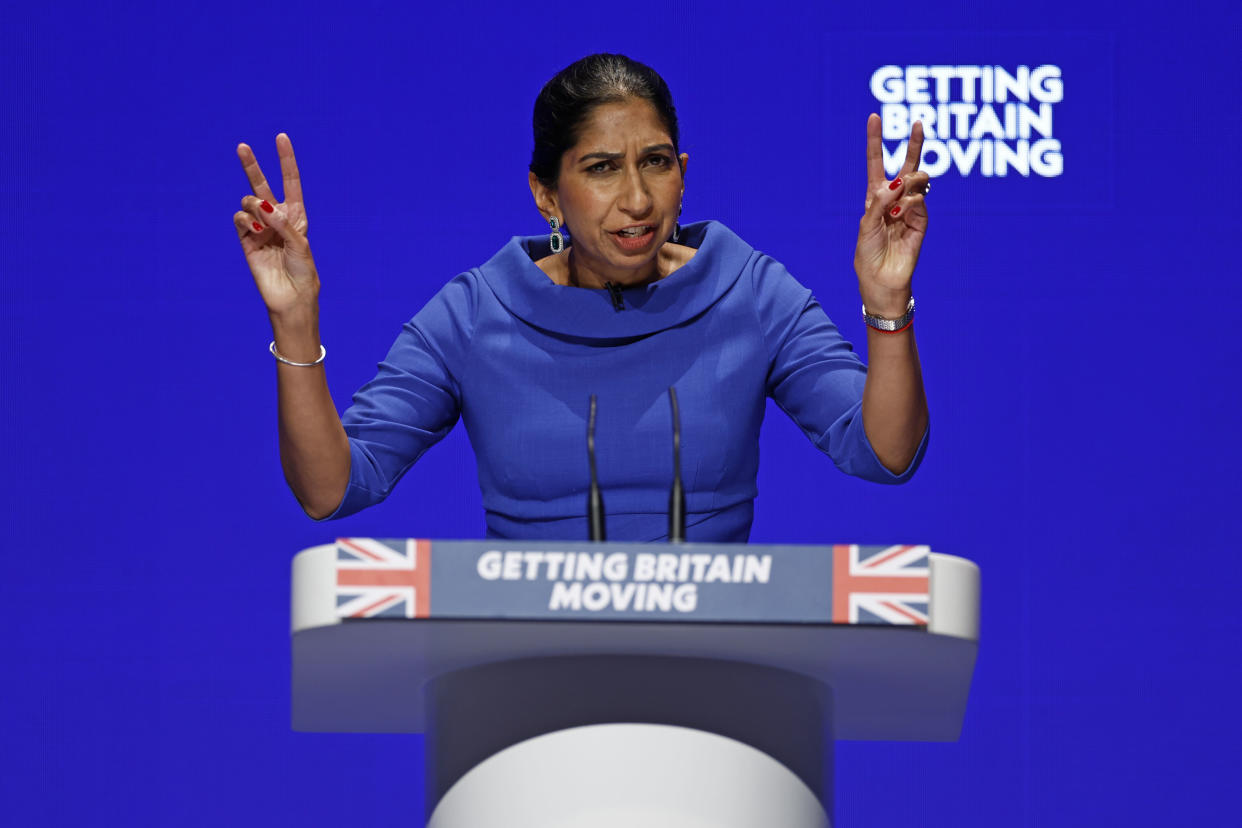 BIRMINGHAM, ENGLAND - OCTOBER 04: Suella Braverman, Secretary of State for the Home Department speaks on day three of the Conservative Party Conference on October 04, 2022 in Birmingham, England. This year the Conservative Party Conference will be looking at 