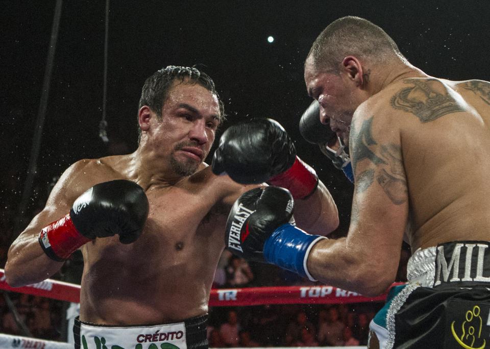 Mike Alvarado, right, and Juan Manuel Márquez, of Mexico, exchange punches in the tenth round of a WBO welterweight title boxing match at the Forum in Inglewood, Calif., Saturday, May 17, 2014. Márquez won the title. (AP Photo/Ringo H.W. Chiu)