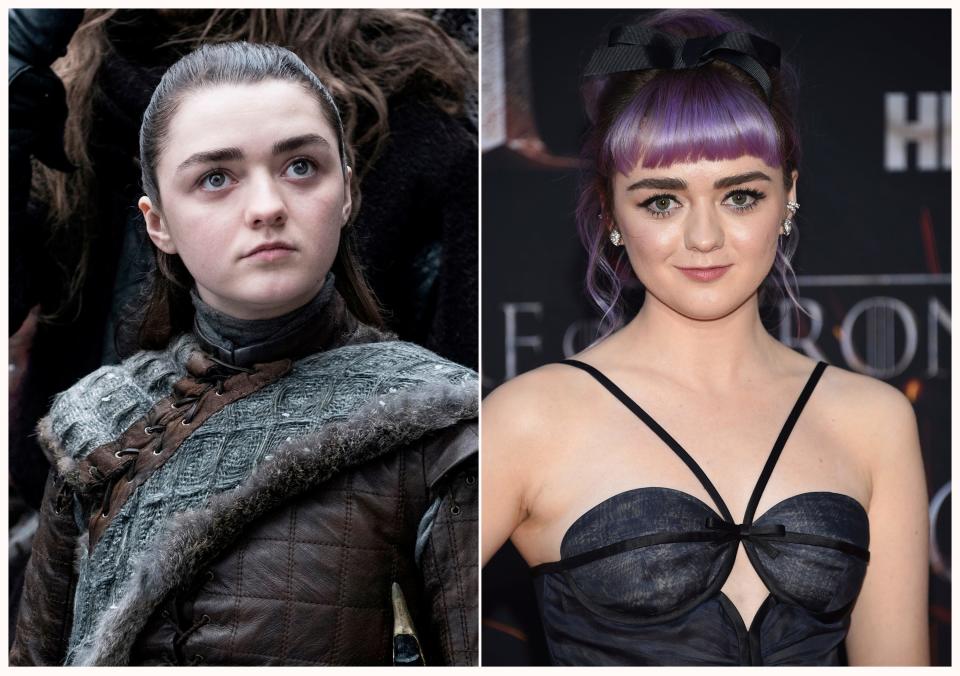 Maisie Williams at HBO's "Game of Thrones" final season premiere in New York on April 3, 2019, right, and her character Arya Stark.