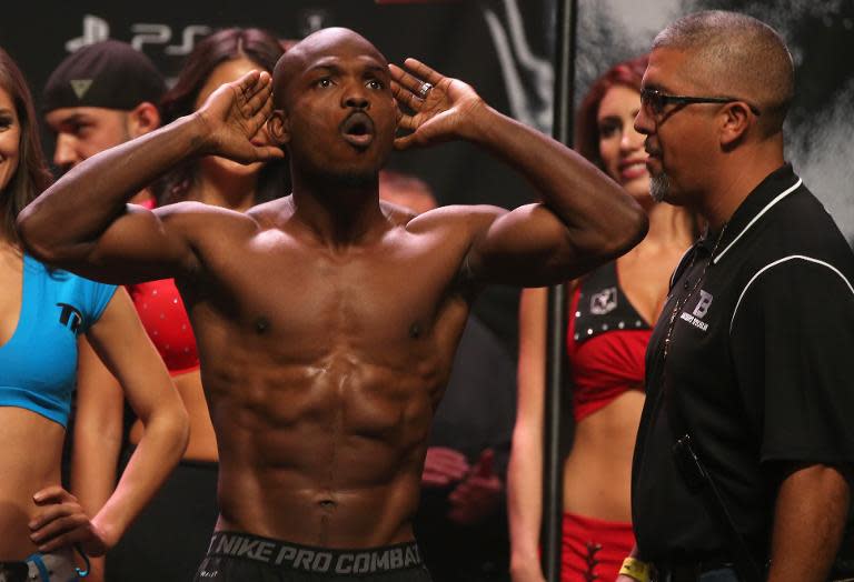 Timothy Bradley acknowledges the fans during a weigh-in prior to his welterweight world title bout against Manny Pacquiao in Las Vegas on April 11, 2014