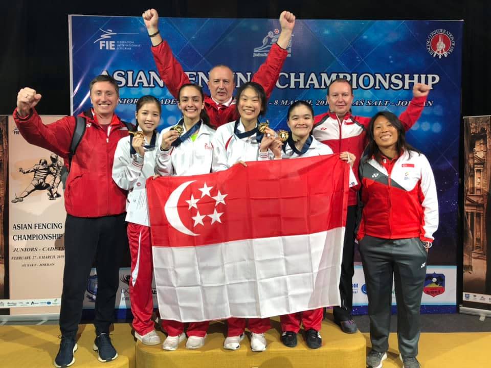 The triumphant Singapore national women’s foil team at the Asian Junior and Cadet Fencing Championships: (from second left) Tatiana Wong, Amita Berthier, Denyse Chan and Maxine Wong. (PHOTO: Facebook/Fencing Singapore)